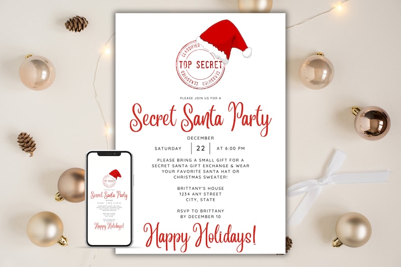 Secret Santa party invitation with white background, black font and red titles featuring Santa hat and "TOP SECRET" logo. Displayed as a printable invitation or electronic invitation sent on a mobile phone.