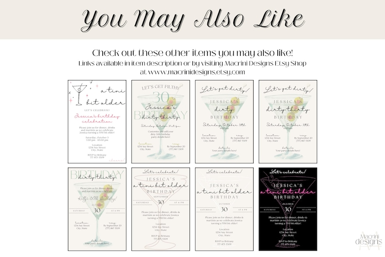 Op de afbeelding: Een verzameling verjaardagsfeestuitnodigingen met martini-glas illustraties. De uitnodigingen bevatten teksten als "Let's Get Dirty" en "a tini bit older". De uitnodigingen zijn in verschillende kleuren, waaronder zwart en wit.
