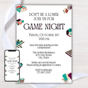 Invitación editable a la noche de juegos, invitación a la noche de juegos de mesa, noche de juegos de cartas Evite, plantilla de invitación digital de bricolaje, imprimible, invitación por teléfono