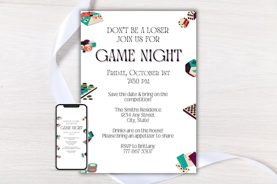 Editable Game Night Invitation, Board Game Night Invite, Card Game Night Evite, DIY Digital Invitation Template, Printable, Phone Invite