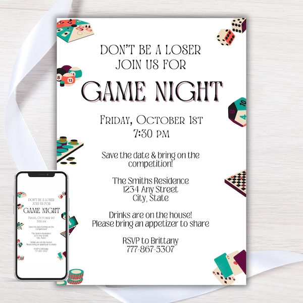 Editable Game Night Invitation, Board Game Night Invite, Card Game Night Evite, DIY Digital Invitation Template, Printable, Phone Invite