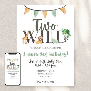 Two Wild Birthday Party Invitation, Two Wild Invitation 2nd Birthday Party Invite, Safari Birthday, Editable Digital Invitation Template