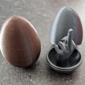 Peut inclure: Un objet brun en forme d'œuf à côté d'un récipient gris en forme d'œuf avec une main faisant un geste obscène. Le récipient est ouvert, révélant la main à l'intérieur. Les objets sont sur une surface grise.