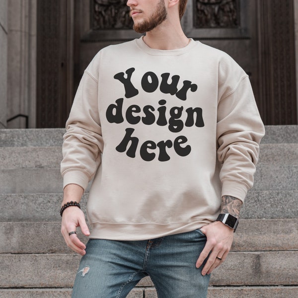 Gildan 18000 Mockup, Gildan Sand Sweatshirt Mockup, sand crewneck mock, mens crewneck mock, mens sweater mock, male model mock