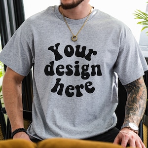 Gildan 5000 Men&#39;s sport grey T-shirt Mockup, Tattooed Model Mockup, Mens Shirt Mockup, Gray Tshirt Mockup for Men, Aesthetic Mockup