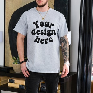 Gildan 5000  sport grey Men&#39;s T-shirt Mockup, Tattooed Model Mockup, Mens Shirt Mockup, Gray Tshirt Mockup for Men, Aesthetic Mockup