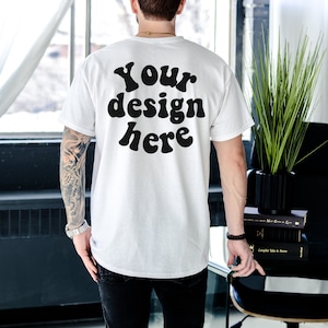 Back of Gildan 5000 Men&#39;s WHITE T-shirt Mockup, Tattooed Model Mockup, Mens Shirt Mockup, Backside Tshirt Mockup for Men, Aesthetic Mockup