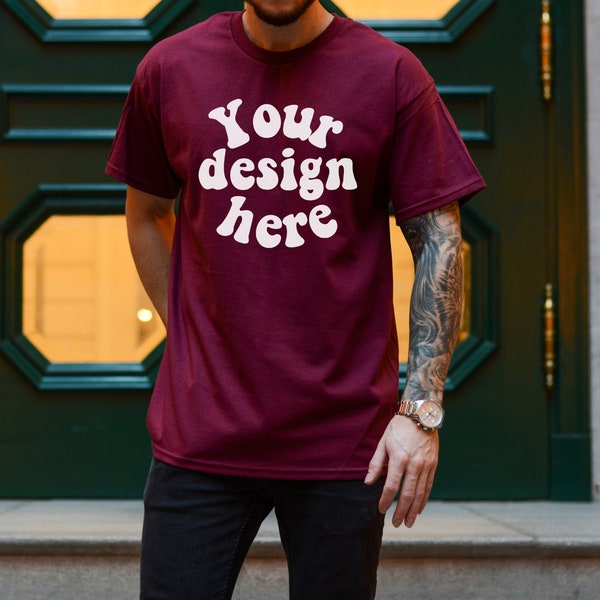 Gildan 5000 Men's maroon T-shirt Mockup, Tattooed Model Mockup, Mens Shirt Mockup, maroon Tshirt Mockup for Men, Aesthetic Mockup