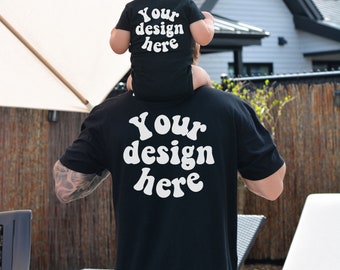 Daddy and me shirt Mockup, Baby Bodysuit Family Tshirt mockup, Back of Gildan 64000 Mockup Men Shirt Mockup, Tattooed Model Mockup