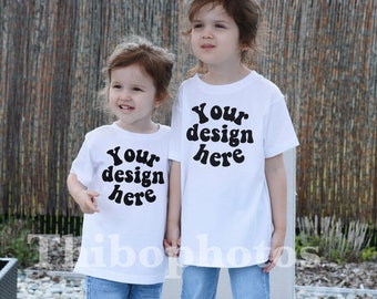 Kids Matching Sibling Mockup | 2 Sisters T-Shirts Mockup | Sublimation Blank Shirt | Bella Canvas 3001T Mockup White | Child Tee Mock Up