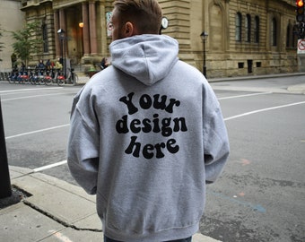 Back of Gildan 18500 mockup, Sport grey Hoodie mockup back, Men model in city, Streetwear mockup, g185 mockup back, back of hoodie mock