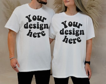 Gildan 5000 couple mockup white, Couple Tshirt Mockup, t shirt model couple, Man women white tshirt mockup, Gildan 5000 Mock Ups