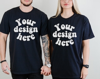 Bella Canvas 3001 Couple Mockup, black t-shirt mockup, Men and Women Shirt Mockups, Model Mockup Shirt Tattooed model mock 3001 Black Tshirt