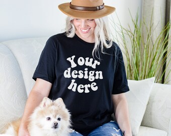 Dog mockup, Black Bella Canvas 3001 mock up, Black Tee Mockup, Simple tee mockup, Black tshirt mockup, Female Model Mockup