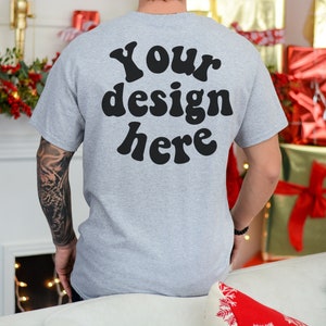 Gildan 5000 BACK Mockup Men sport grey, Christmas 5000 sport grey, Tattooed Model Mockup, Mens Shirt Mockup, Gray Tshirt Mockup for Men