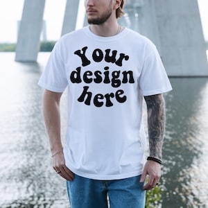 Comfort Colors 1717 Mockup White, Male Model, Front Side, Outdoor, Mens 1717 Mockup, Real Model, Trendy Oversized T-Shirt Mockup