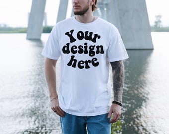Comfort Colors 1717 Mockup White, Male Model, Front Side, Outdoor, Mens 1717 Mockup, Real Model, Trendy Oversized T-Shirt Mockup