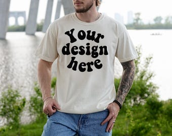 Comfort Colors 1717 Mockup Ivory, Male Model, Front Side, Outdoor, Mens 1717 Mockup, Real Model, Trendy Oversized T-Shirt Mockup