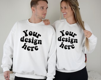 Couple Mockup, Husband Wife Crewneck mock, Mom Dad Crewneck mockup, Couple crewneck mock, White Gildan Crewneck White and White 18000 mock