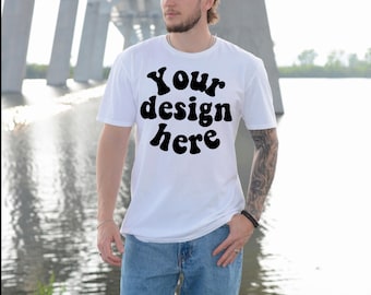 Gildan 64000 Mockup Male Model, G640 Mockup Real Human Model For Print On Demand, Outdoor Trendy Mens T Shirt Mockup, Gildan Softstyle Tee