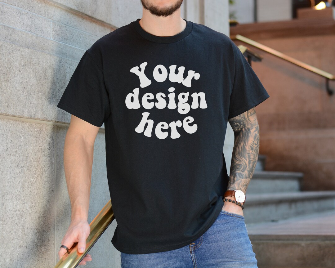 Gildan 5000 Men's Black T-shirt Mockup, Tattooed Model Mockup, Mens ...