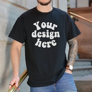 Gildan 5000 Men&#39;s black T-shirt Mockup, Tattooed Model Mockup, Mens Shirt Mockup, Black Tshirt Mockup for Men, Aesthetic Mockup
