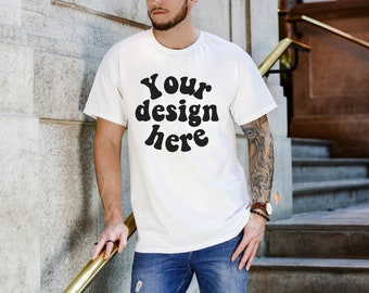 Gildan 5000 Men's WHITE T-shirt Mockup, Tattooed Model Mockup, Mens Shirt Mockup, White Tshirt Mockup for Men, Aesthetic Mockup