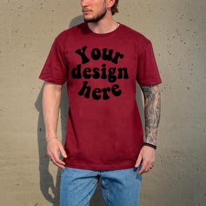 Gildan 64000 Mockup Male Model, Maroon G640 Mockup Real Human Model For Print On Demand, Outdoor Trendy Mens T Shirt Mockup