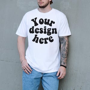 Comfort Colors 1717 Mockup White, Male Model, Front Side, Outdoor, Mens 1717 Mockup, Real Model, Trendy Oversized T-Shirt Mockup