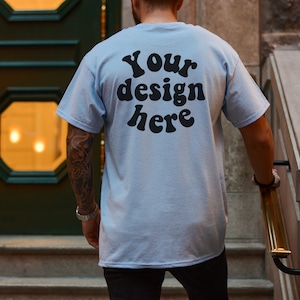 Back of Gildan 5000 Men&#39;s BLUE T-shirt Mockup, Tattooed Model Mockup, Mens Shirt Mockup, Tshirt Mockup for Men, Aesthetic Mockup, Back 5000