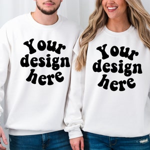 Couple Mockup, Husband Wife Crewneck mock, Mom Dad Crewneck mockup, Couple crewneck mock, White Gildan Crewneck White and White 18000 mock