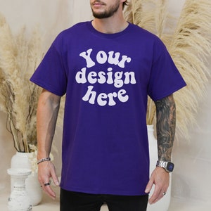 Gildan 5000 Men&#39;s purple T-shirt Mockup, Tattooed Model Mockup, Mens Shirt Mockup, Black Tshirt Mockup for Men, Aesthetic Mockup