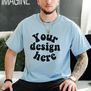Gildan 5000 Men&#39;s BLUE T-shirt Mockup, Tattooed Model Mockup, Mens Shirt Mockup, blue Tshirt Mockup for Men, Aesthetic Mockup, Blue 5000