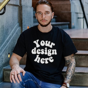 Gildan 5000 Men&#39;s black T-shirt Mockup, Tattooed Model Mockup, Mens Shirt Mockup, Black Tshirt Mockup for Men, Aesthetic Mockup
