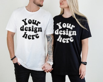 Black White Bella Canvas 3001 Mockup, Unisex T-shirt Mock Up, Couple 3001 mockup, Men Women, T-Shirt Mockup, Flat Lay T-shirt Tattooed model