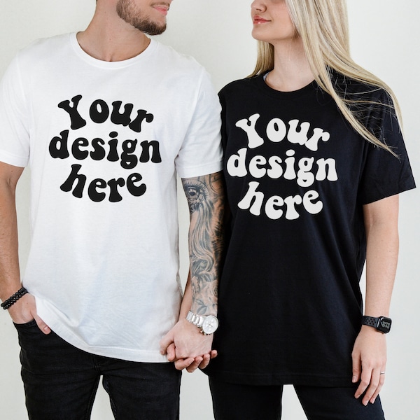 Black White Bella Canvas 3001 Mockup, Unisex T-shirt Mock Up, Couple 3001 mockup, Men Women, T-Shirt Mockup, Flat Lay T-shirt Tattooed model