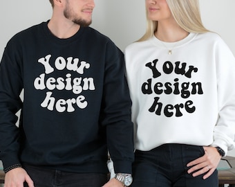 Black White Couple Mockup, Men women mockup, Couple 18000 mockup, Husband Wife Crewneck mock, Gildan 18000 mockup, Couple crewneck