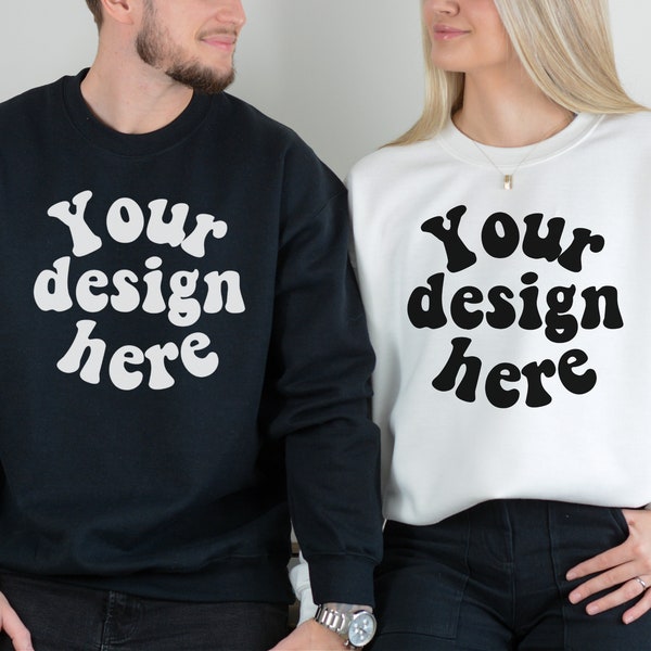 Black White Couple Mockup, Men women mockup, Couple 18000 mockup, Husband Wife Crewneck mock, Gildan 18000 mockup, Couple crewneck