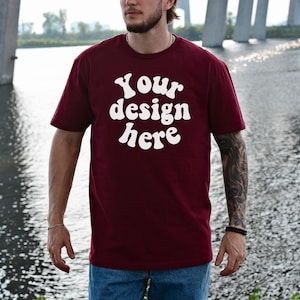 Gildan 64000 Mockup Male Model, Maroon G640 Mockup Real Human Model For Print On Demand, Outdoor Trendy Mens T Shirt Mockup