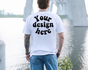 Comfort Colors 1717 Mockup White, Male Model, Back Side, Outdoor, Mens 1717 Mockup, Real Model, Trendy Oversized T-Shirt Mockup