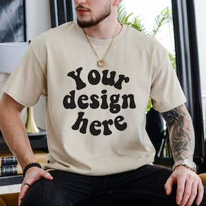 Gildan 5000 Men&#39;s sand T-shirt Mockup, Tattooed Model Mockup, Mens Shirt Mockup, Sand Tshirt Mockup for Men, Aesthetic Mockup