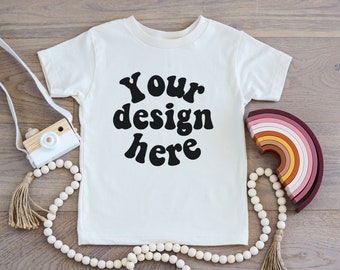 Bella Canvas 3001T Natural mockup, Toddler tshirt mockup, Boho kid T shirt mockup wood background, photo flat lay gender neutral