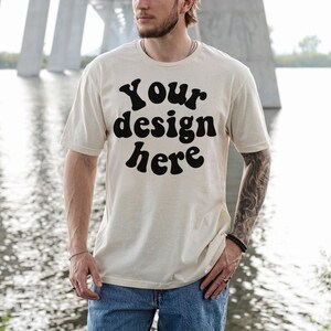 Gildan 64000 Mockup Male Model, Natural G640 Mockup Real Human Model For Print On Demand, Outdoor Trendy Mens T Shirt Mockup