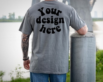 Comfort Colors 1717 Mockup Grey, Male Model, Back Side, Outdoor, Mens 1717 Mockup, Real Model, Trendy Oversized T-Shirt Mockup
