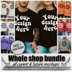 May include: A selection of t-shirt mockups in diverse colours, such as black, white, orange, red, grey, and purple. Each tee displays the text "Your design here" in a retro font. The image also includes text that says "Whole shop bundle" and "1100+ mockups".