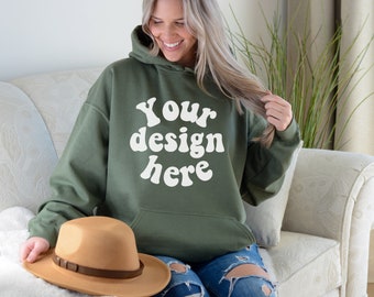 Military green Hoodie Mockup, Gildan 18500 Mockup, Military green mock, G185 mock, Gildan 18500 model, Front Hoodie Mockups, hooded mockup
