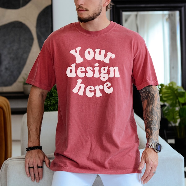 1717 mock ups, C1717 mock, cc1717 mockup, Comfort Colors C1717 Crimson, T Shirt Men Model Mock up, Tee Mens Mockup, Tattooed Model Mockup,