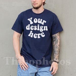 Gildan 5000 Mockup Navy, Male Model, Front Side, Outdoor, Casual Mens G5000 Mockup, Real Model, Trendy Oversized T-Shirt Mockup
