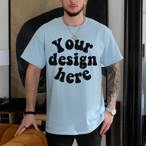 Gildan 5000 Men&#39;s BLUE T-shirt Mockup, Tattooed Model Mockup, Mens Shirt Mockup, blue Tshirt Mockup for Men, Aesthetic Mockup, Blue 5000