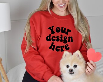 Dog mom Gildan 18000 mockup red, Valentine Sweatshirt Mockup, Check out our best selection of model mockups, Dog Gildan mock up